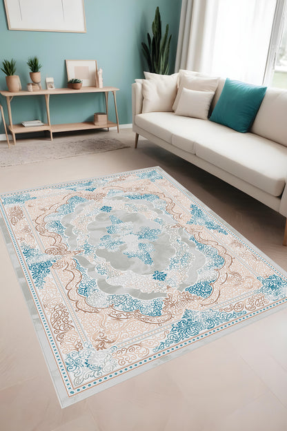 Dijital Baskı Klasik Desenli Modern Çerçeveli Dekoratif Makinada Yıkanabilir Salon ve Yolluk Halısı