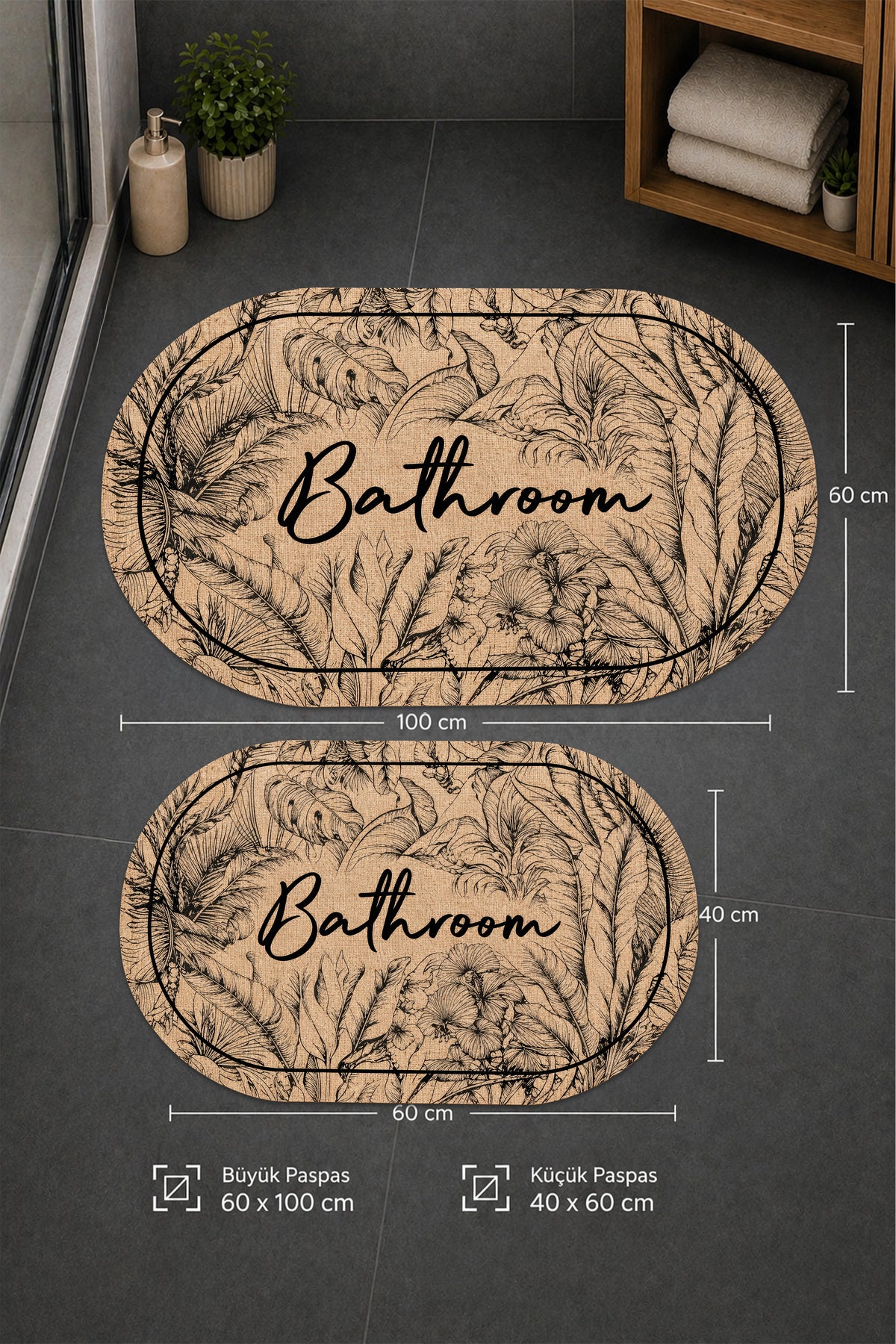 Dijital Baskı Modern Desenli Modern Banyo Halısı İkili Banyo Paspası (40cmx60cm)ve(60cmx100cm)