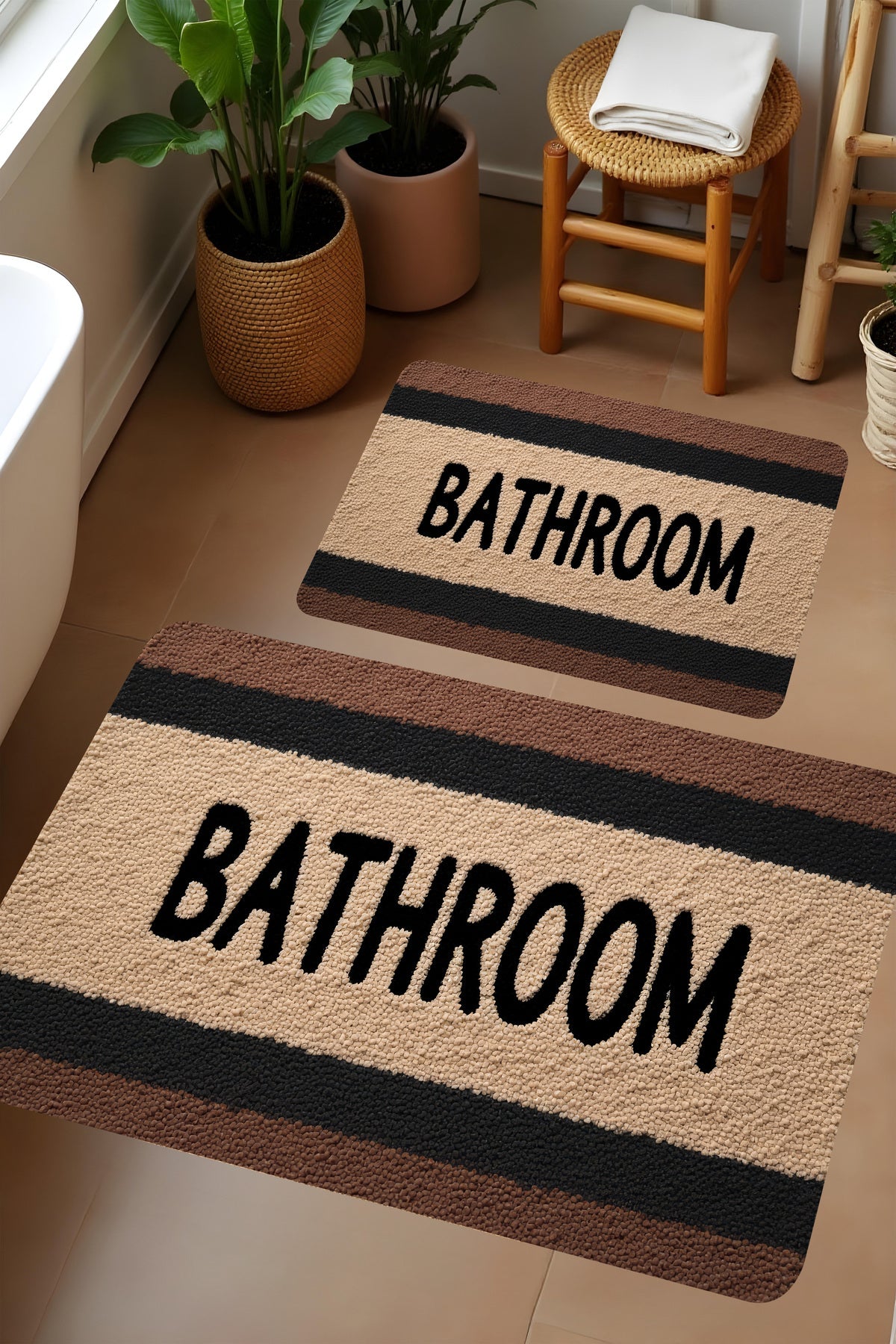Dijital Baskı Krem Kahve Tonlu Modern Banyo Halısı İkili Banyo Paspası(40cmx60cm)ve(60cmx100cm)