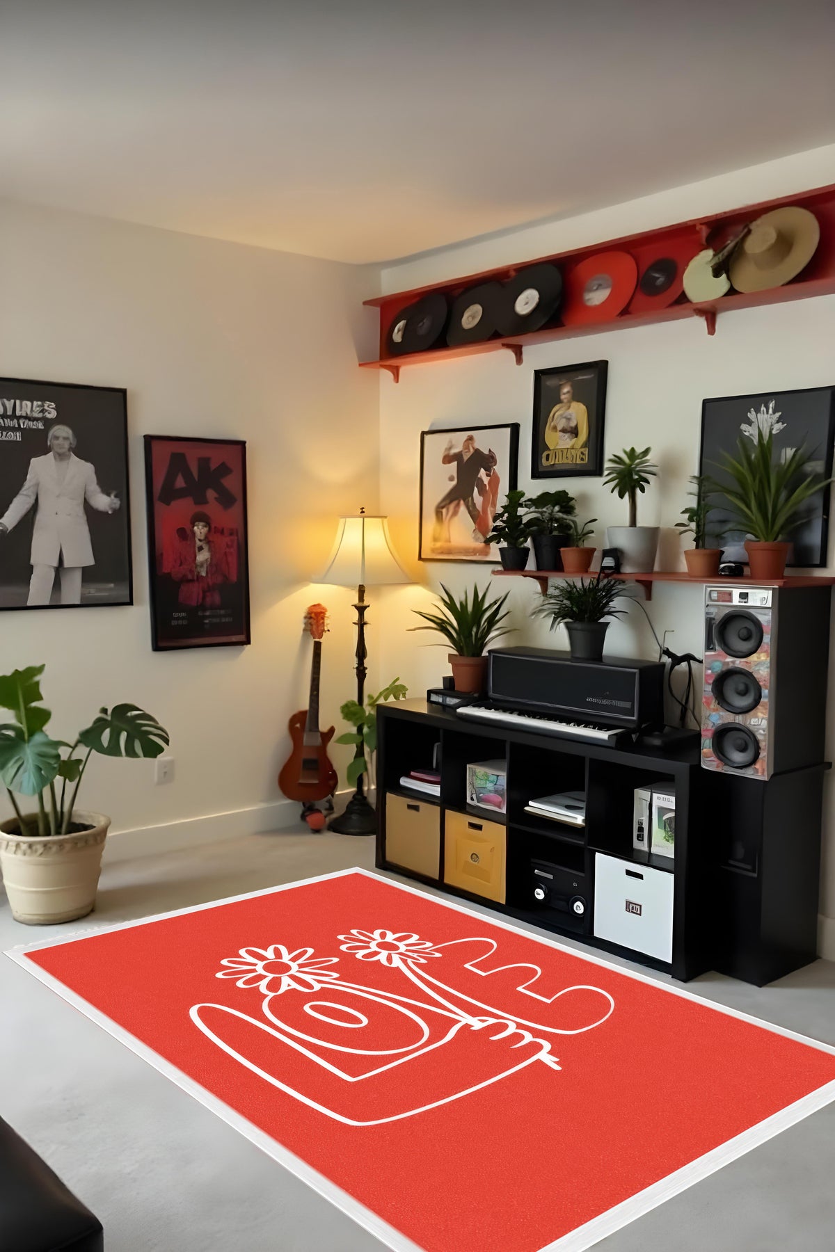 Dijital Baskı Love Temalı Kırmızı Kaymaz Taban Leke Tutmaz Makinada Yıkanabilir Salon Halısı
