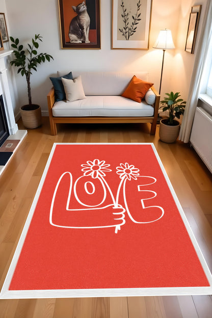 Dijital Baskı Love Temalı Kırmızı Kaymaz Taban Leke Tutmaz Makinada Yıkanabilir Salon Halısı