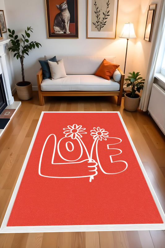 Dijital Baskı Love Temalı Kırmızı Kaymaz Taban Leke Tutmaz Makinada Yıkanabilir Salon Halısı