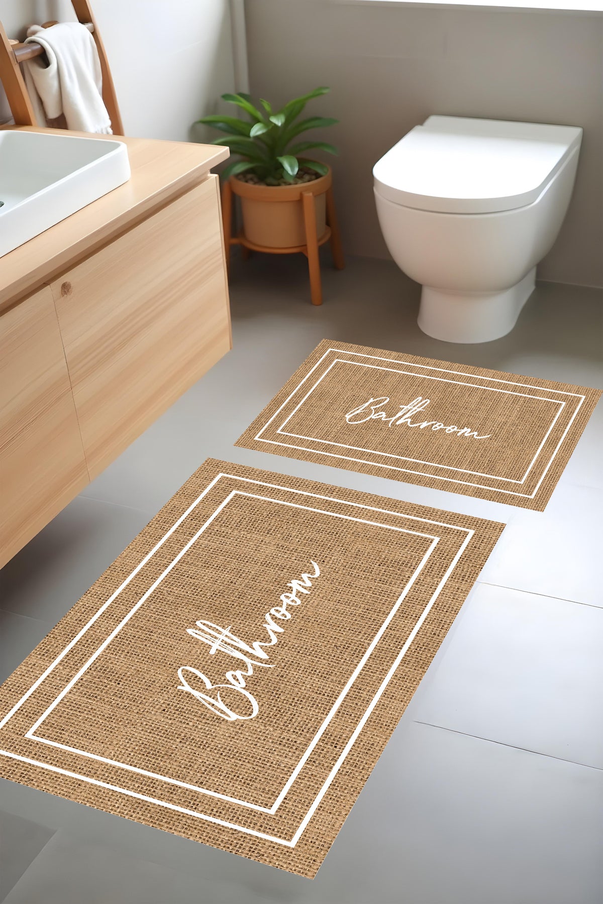 Dijital Baskı Hasır Desenli Modern Banyo Halısı İkili Banyo Paspası(40cmx60cm)ve(60cmx100cm)