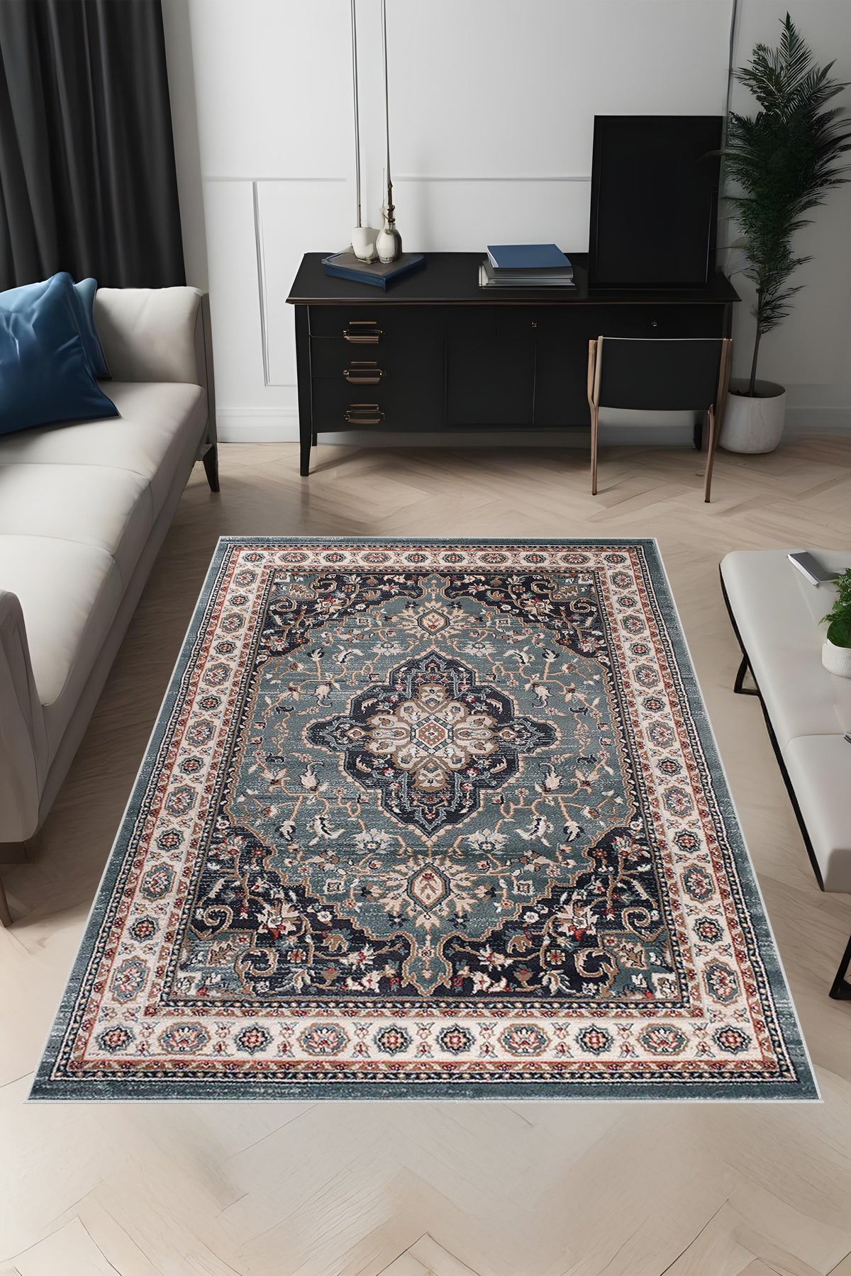 Dijital Baskı Klasik Desenli Çerçeveli Dekoratif Makinada Yıkanabilir Salon ve Yolluk Halısı