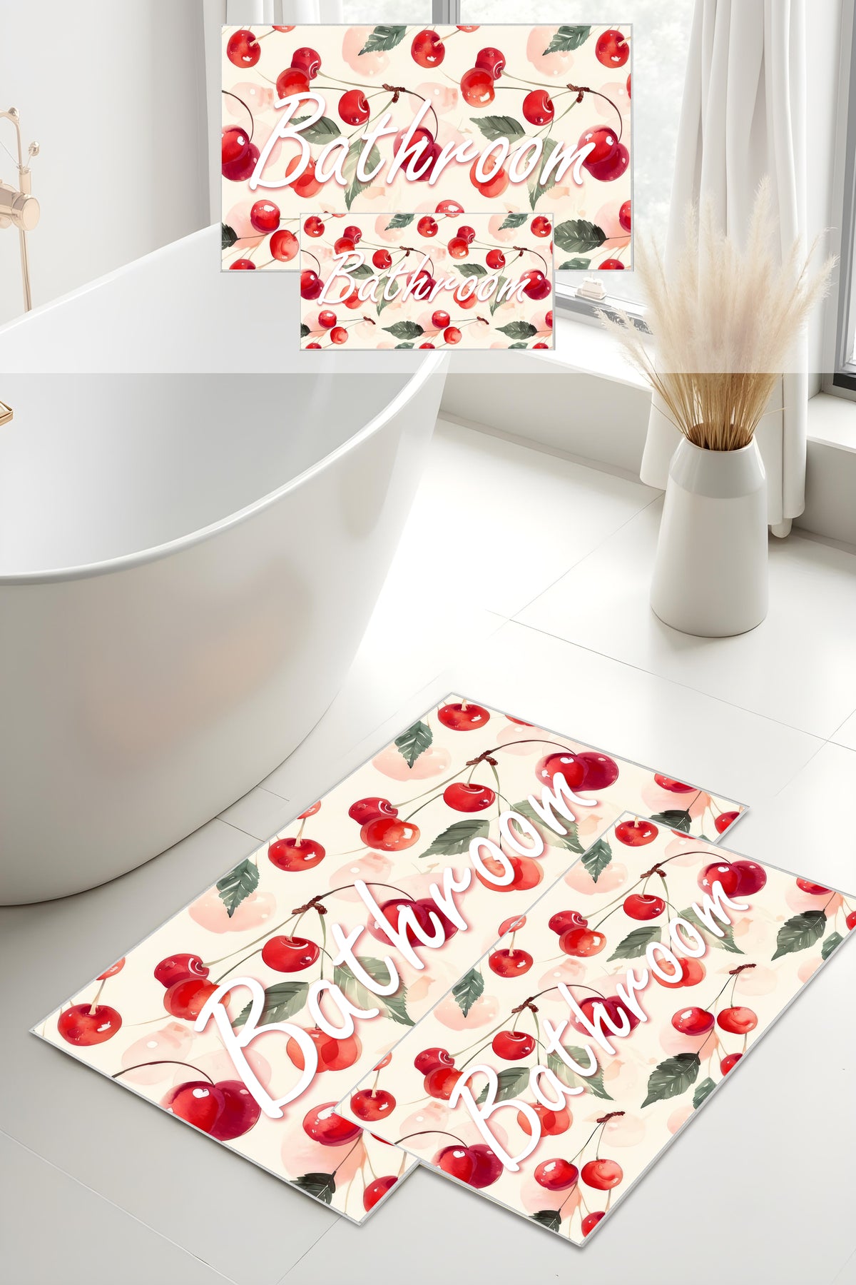 Dijital Baskı Yaz Temalı Kiraz Desenli Modern 2'li Set Banyo Paspası Banyo Halısı (60x100 40x60)