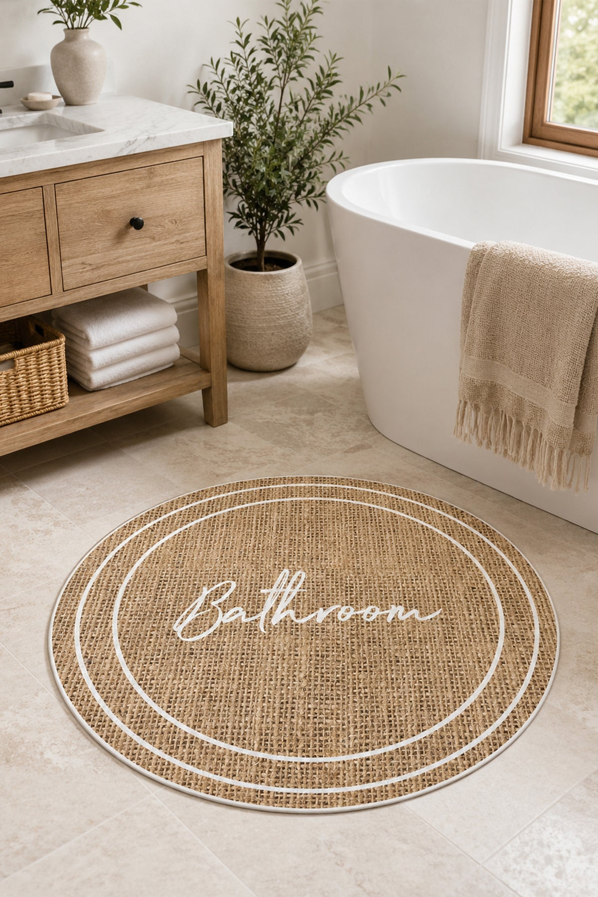 Dijital Kaymaz Yıkanabilir Yuvarlak Hasır Desenli Banyo Paspası Banyo Halısı Banyo Dekor 70x70 cm