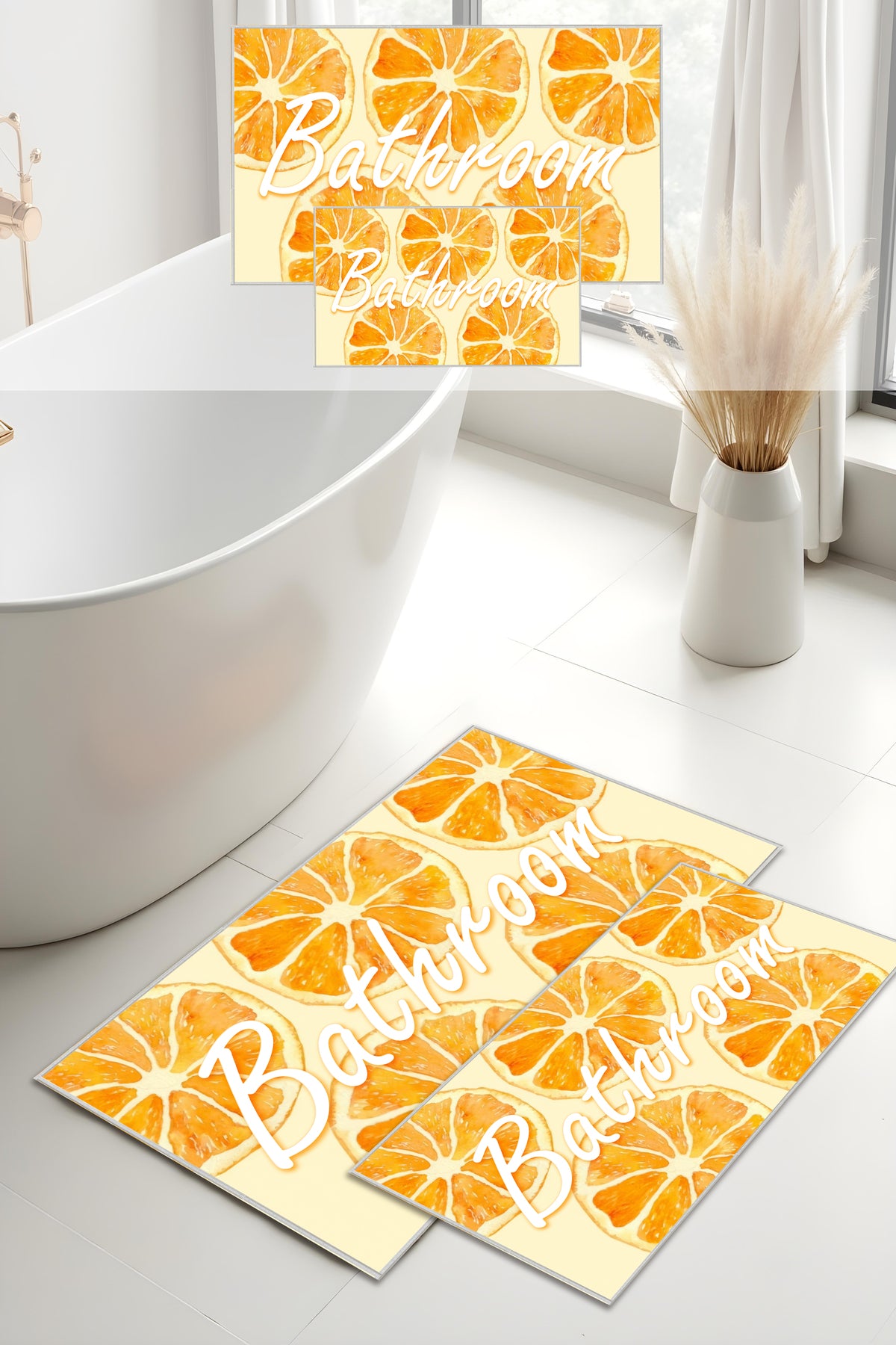 Dijital Baskı Yaz Temalı Portakal Desenli Modern 2'li Set Banyo Paspası Banyo Halısı (60x100 40x60)