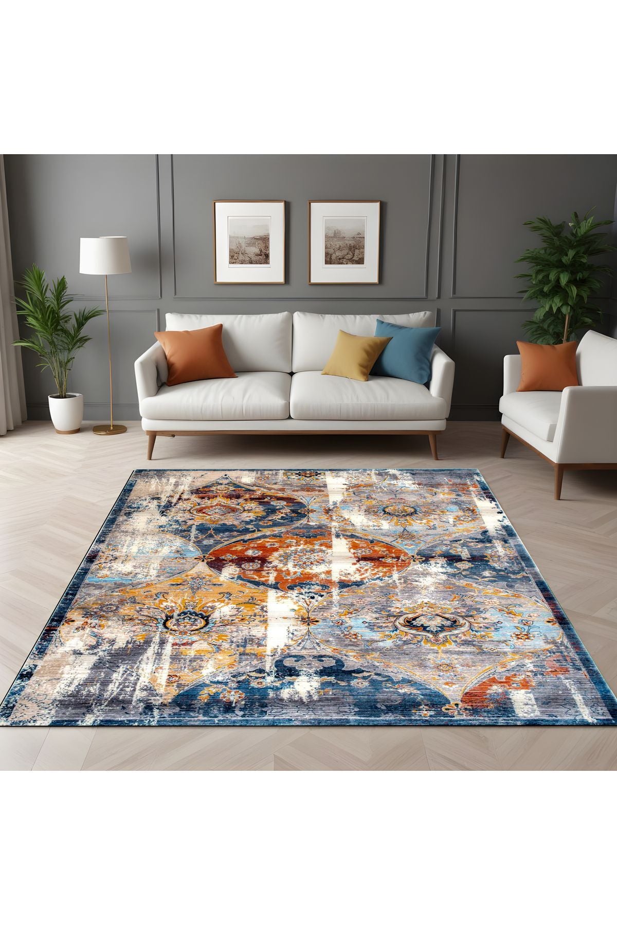 Dijital Baskı Eskitme Vintage Renkli Dekoratif Makinada Yıkanabilir Salon ve Yolluk Halısı
