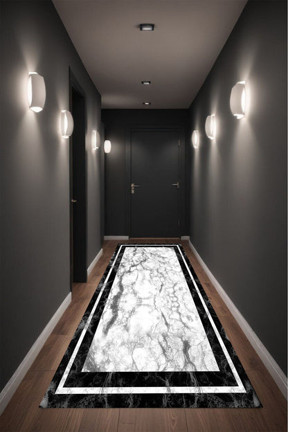 Dijital Baskı Gri Mermer Desen Siyah Çerçeveli Dekoratif Makinada Yıkanabilir Salon Yolluk Halısı
