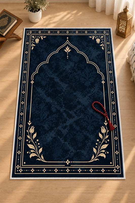 Dijital Baskı Tok Taban Yumuşak Lacivert Kaymaz Taban Seccade Namazlık 70x110