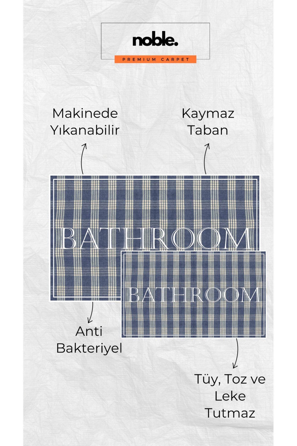Dijital Baskı Mavi Damalı ve Çizgi Desenli Modern 2'li Set Banyo Paspası Banyo Halısı (60x100 40x60)
