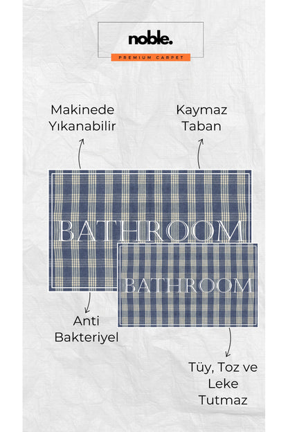 Dijital Baskı Mavi Damalı ve Çizgi Desenli Modern 2'li Set Banyo Paspası Banyo Halısı (60x100 40x60)