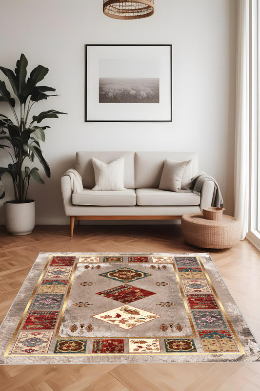 Dijital Baskı Klasik Desenli Kilim Görünümlü Dekoratif Makinada Yıkanabilir Salon ve Yolluk Halısı