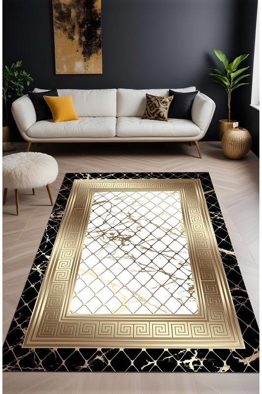 Dijital Baskı File Desen Gold Siyah Çerçeveli Dekoratif Makinada Yıkanabilir Salon ve Yolluk Halısı