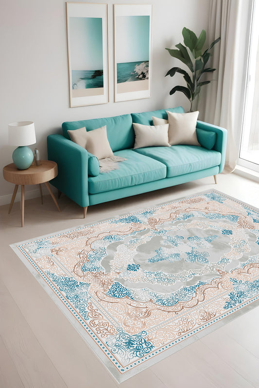 Dijital Baskı Klasik Desenli Modern Çerçeveli Dekoratif Makinada Yıkanabilir Salon ve Yolluk Halısı