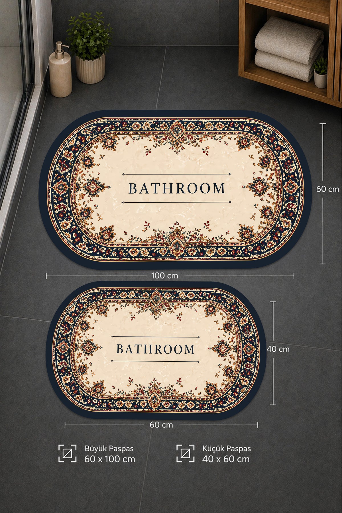 Dijital Baskı Modern Desenli Modern Banyo Halısı İkili Banyo Paspası (40cmx60cm)ve(60cmx100cm)