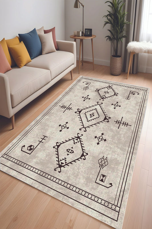 Dijital Baskı Sütlü Kahve Renkli Baklava İskandinav Desen Makinada Yıkanabilir Salon ve Yolluk Halı
