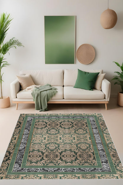 Dijital Baskı Klasik Desenli Çift Çerçeveli Dekoratif Makinada Yıkanabilir Salon ve Yolluk Halısı