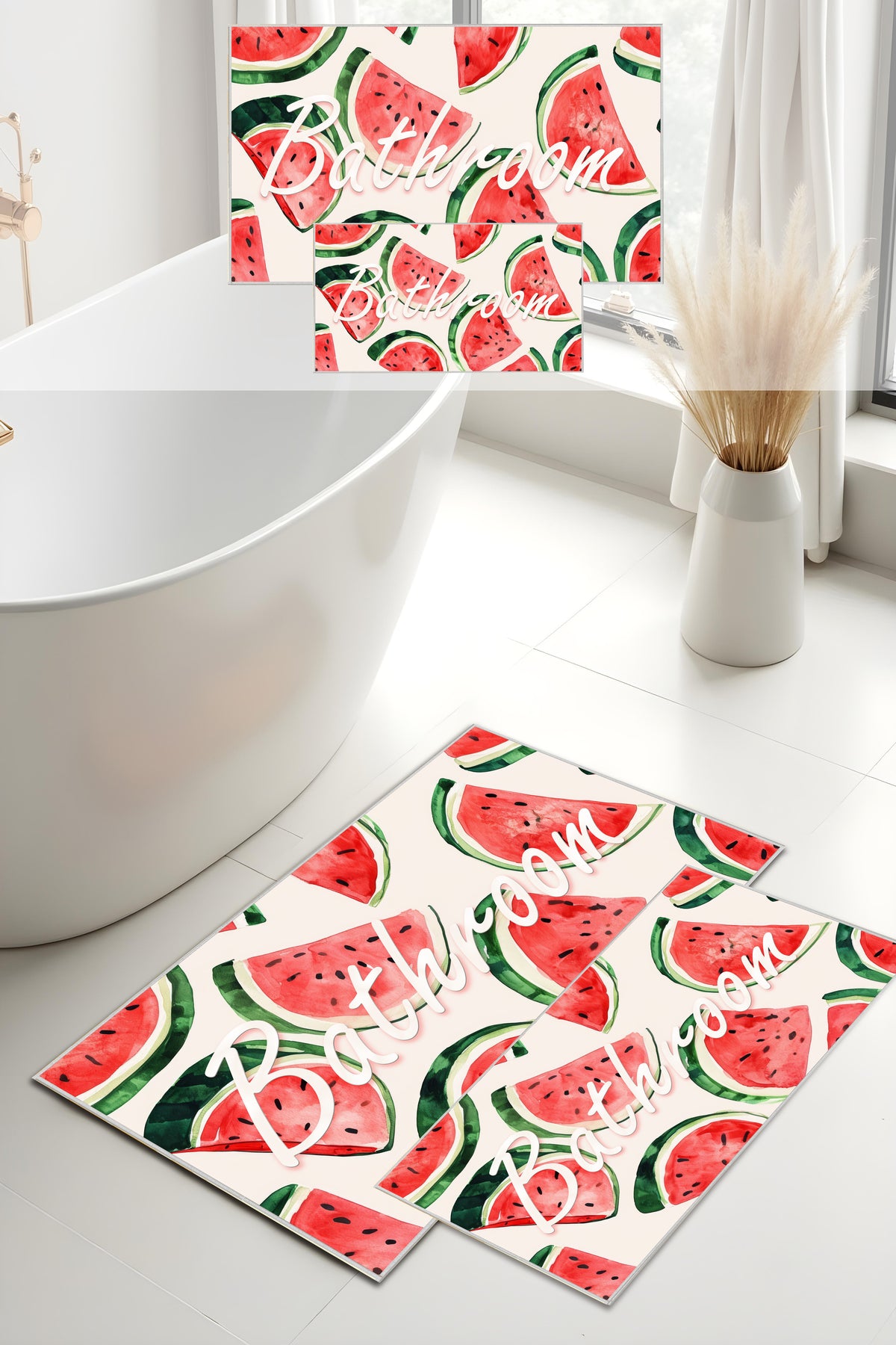 Dijital Baskı Yaz Temalı Karpuz Desenli Modern 2'li Set Banyo Paspası Banyo Halısı (60x100 40x60)