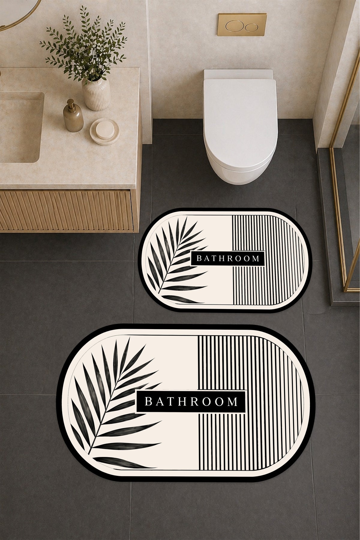 Dijital Baskı Modern Desenli Modern Banyo Halısı İkili Banyo Paspası (40cmx60cm)ve(60cmx100cm)