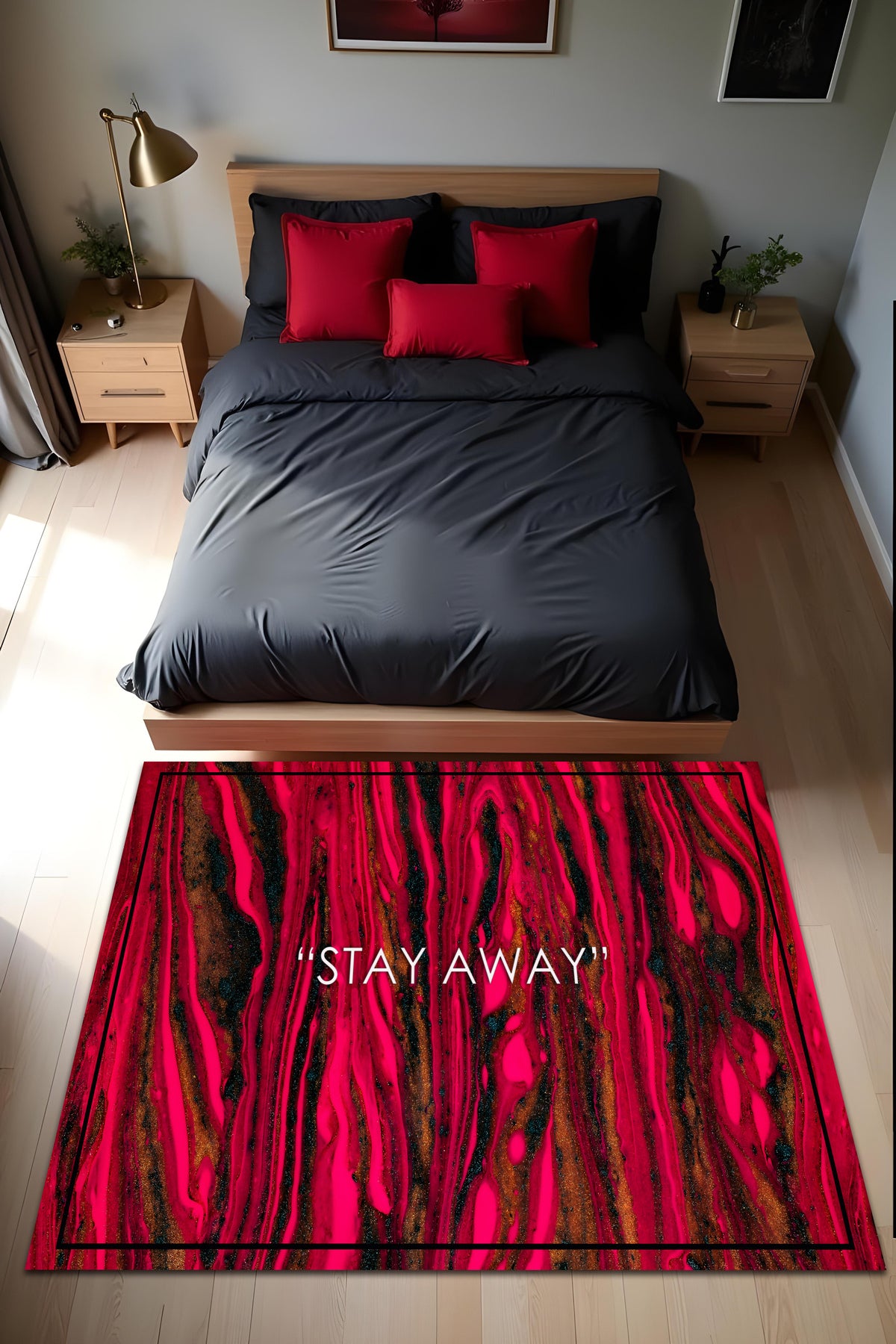 Dijital Baskı Stay Away Yazılı Modern Kaymaz Taban Makinada Yıkanabilir Salon Halısı ve Yolluk