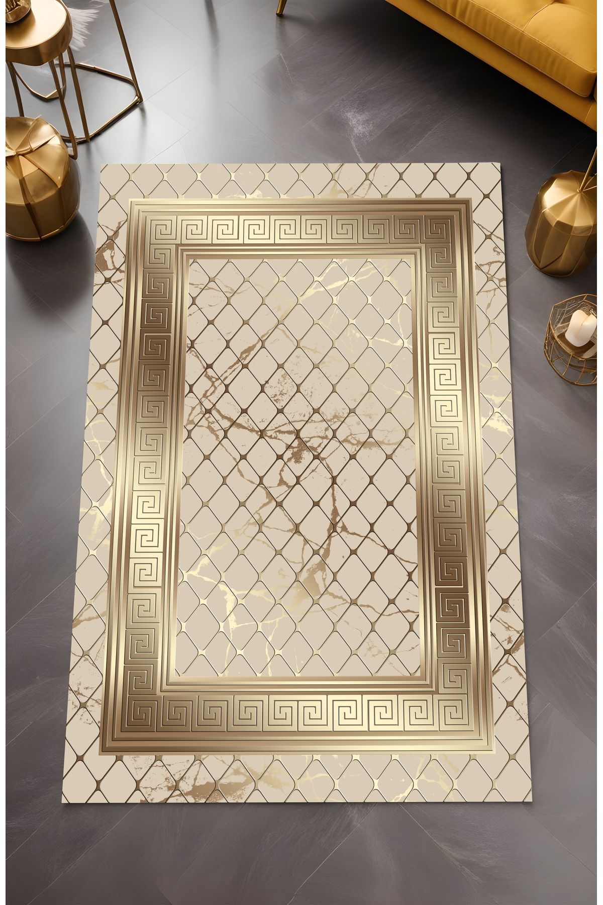 Dijital Baskı File Desen Gold Çerçeveli Dekoratif Makinada Yıkanabilir Salon ve Yolluk Halısı