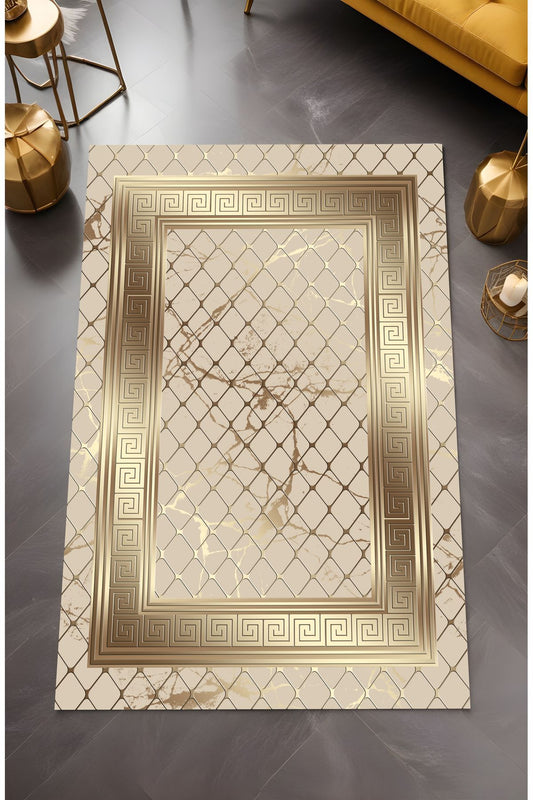 Dijital Baskı File Desen Gold Çerçeveli Dekoratif Makinada Yıkanabilir Salon ve Yolluk Halısı