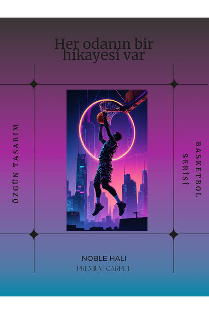 Dijital Baskı Mor Smaç Tonlu Basketbol Temalı Makinada Yıkanabilir Genç Odası Salon ve Yolluk Halısı