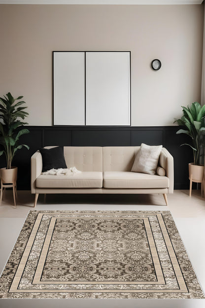 Dijital Baskı Klasik Desenli Çift Çerçeveli Dekoratif Makinada Yıkanabilir Salon ve Yolluk Halısı