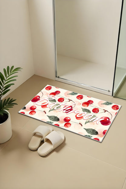 Dijital Baskı Yaz Temalı Kiraz Desenli Modern 2'li Set Banyo Paspası Banyo Halısı (60x100 40x60)