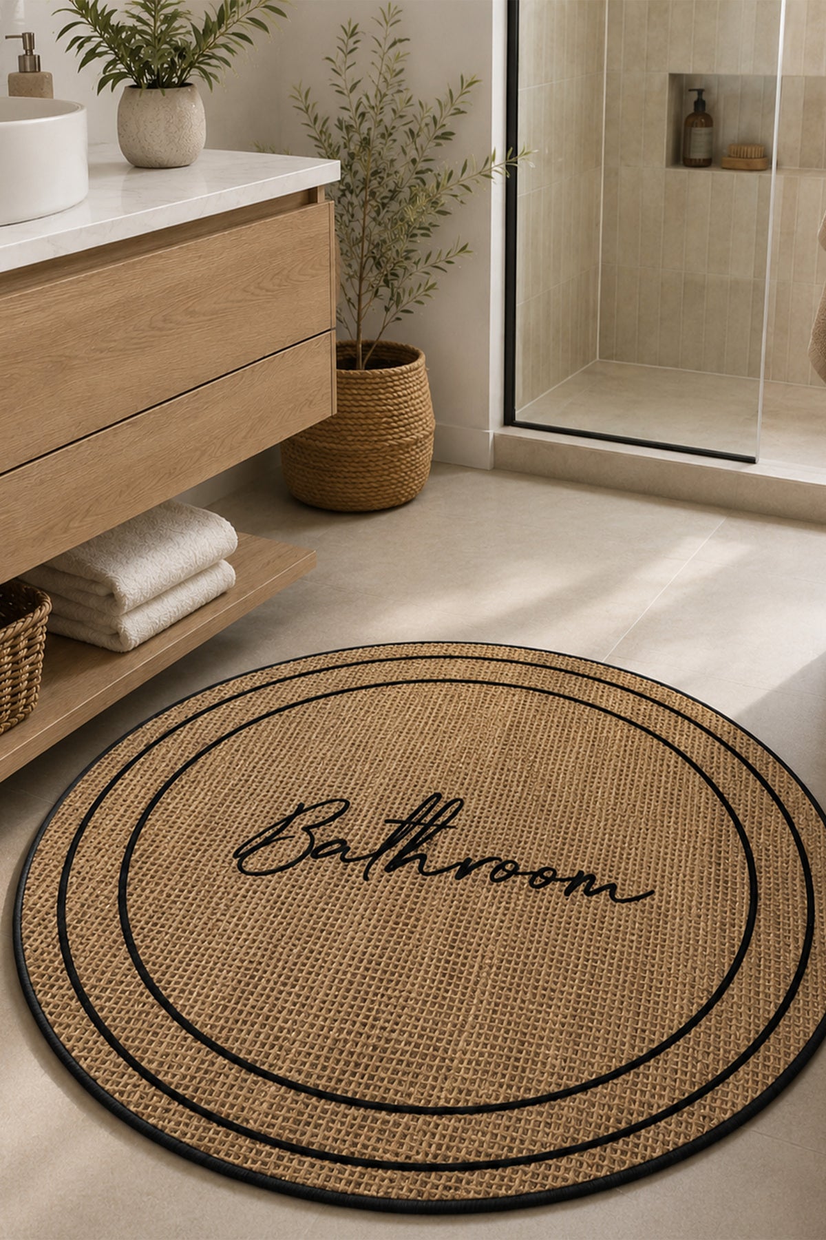 Dijital Kaymaz Yıkanabilir Yuvarlak Hasır Desenli Banyo Paspası Banyo Halısı Banyo Dekor 70x70 cm