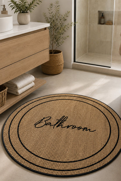 Dijital Kaymaz Yıkanabilir Yuvarlak Hasır Desenli Banyo Paspası Banyo Halısı Banyo Dekor 70x70 cm