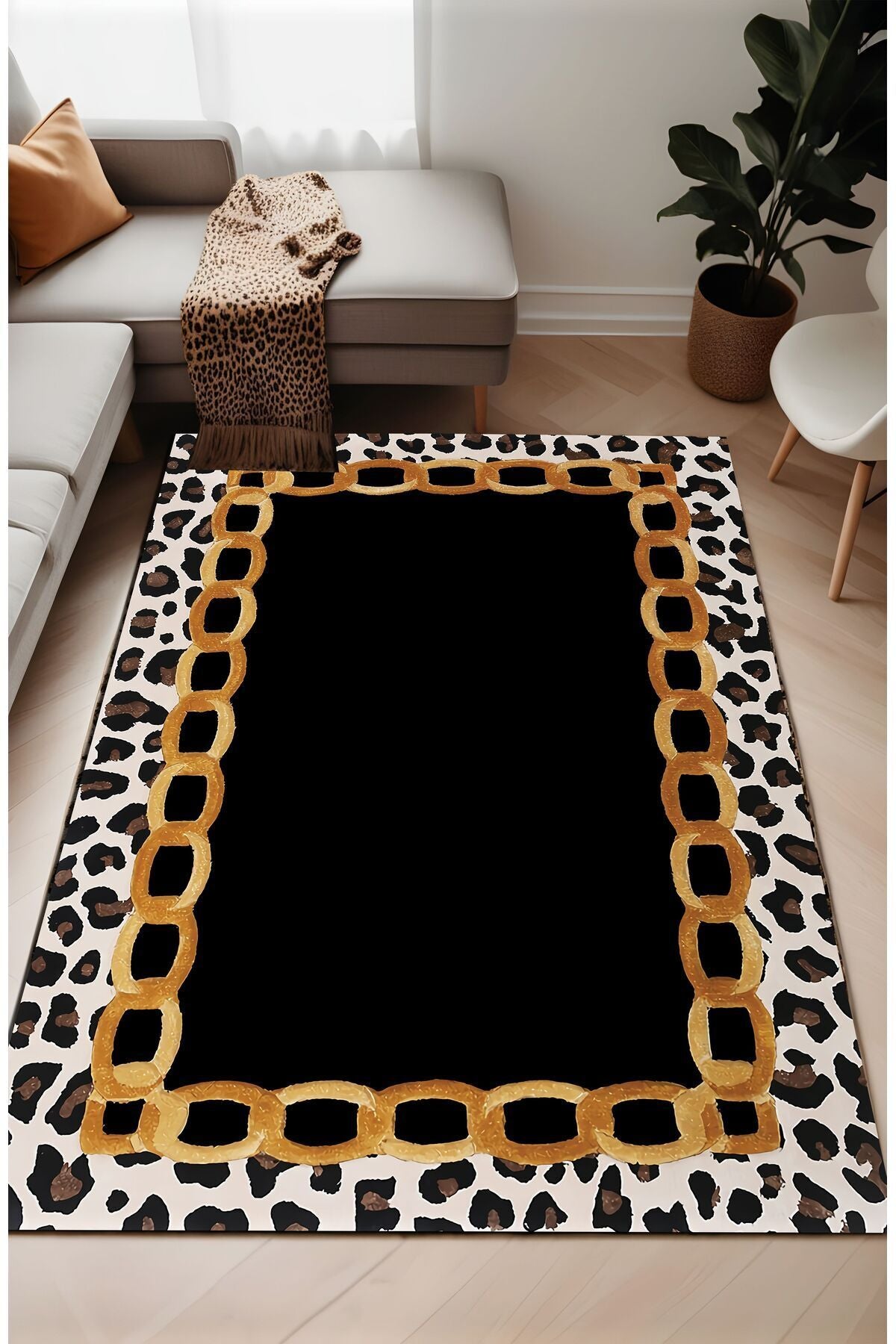 Dijital Baskı Leopar Zincir Desen Dekoratif Makinada Yıkanabilir Salon Yatak Odası ve Yolluk Halısı