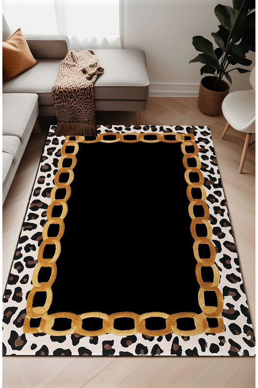 Dijital Baskı Leopar Zincir Desen Dekoratif Makinada Yıkanabilir Salon Yatak Odası ve Yolluk Halısı