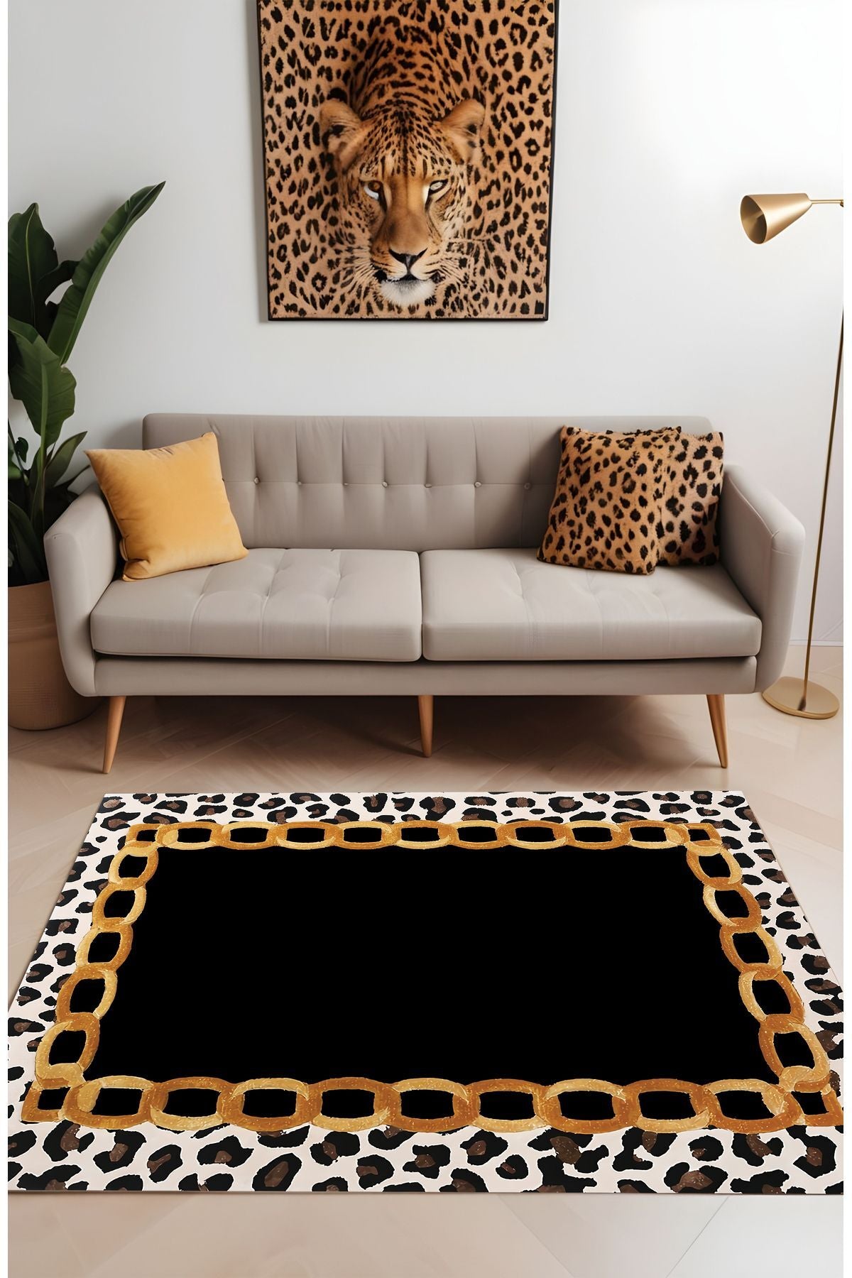 Dijital Baskı Leopar Zincir Desen Dekoratif Makinada Yıkanabilir Salon Yatak Odası ve Yolluk Halısı