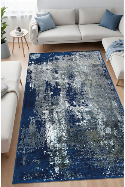 Dijital Baskı Koyu Mavi Renk Modern Tarz Geçişli Dekoratif Makinada Yıkanabilir Salon Yolluk Halısı