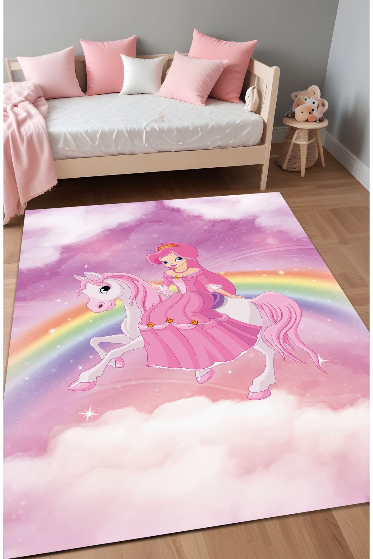 Dijital Baskı Pembe Unicorn Gökkuşağı Desenli Makinada Yıkanabilir Çocuk Halısı Genç Halısı