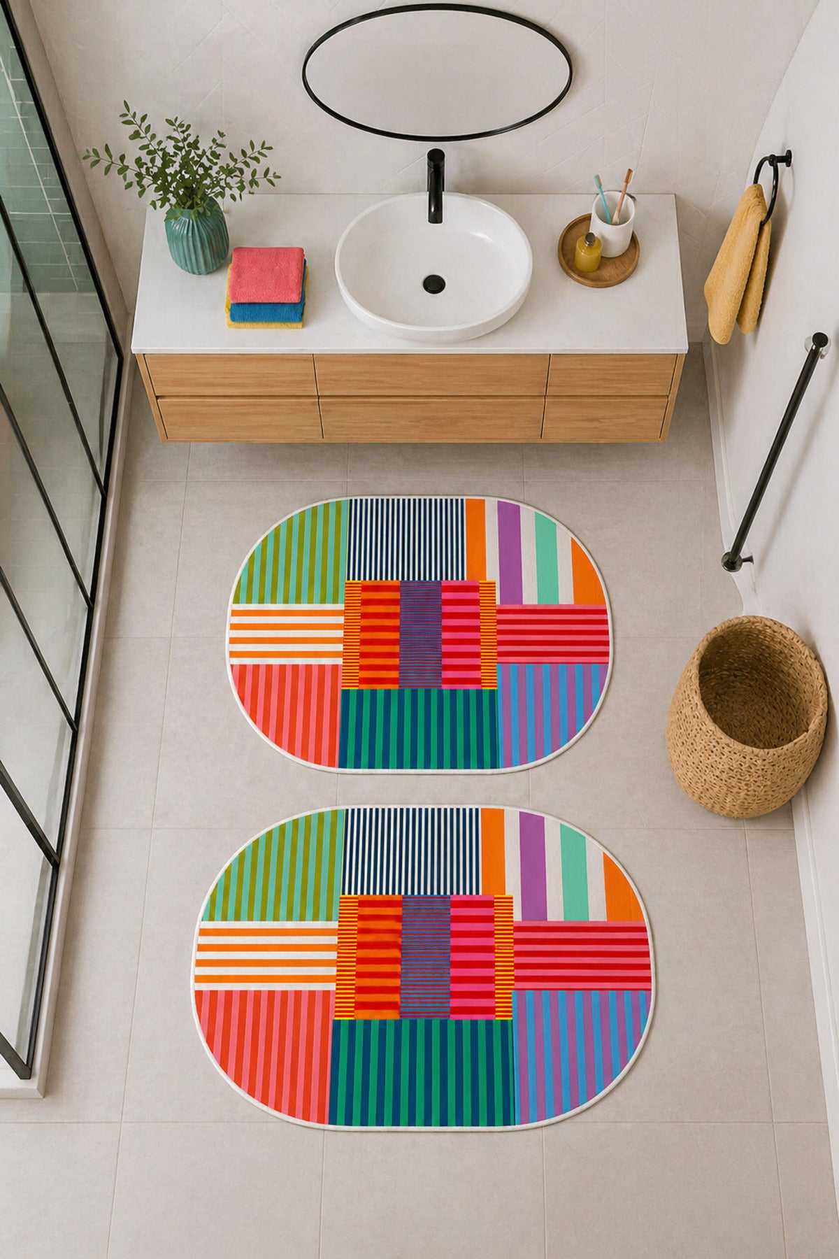 Dijital Baskı Modern Desenli Modern Banyo Halısı İkili Banyo Paspası (40cmx60cm)ve(60cmx100cm)