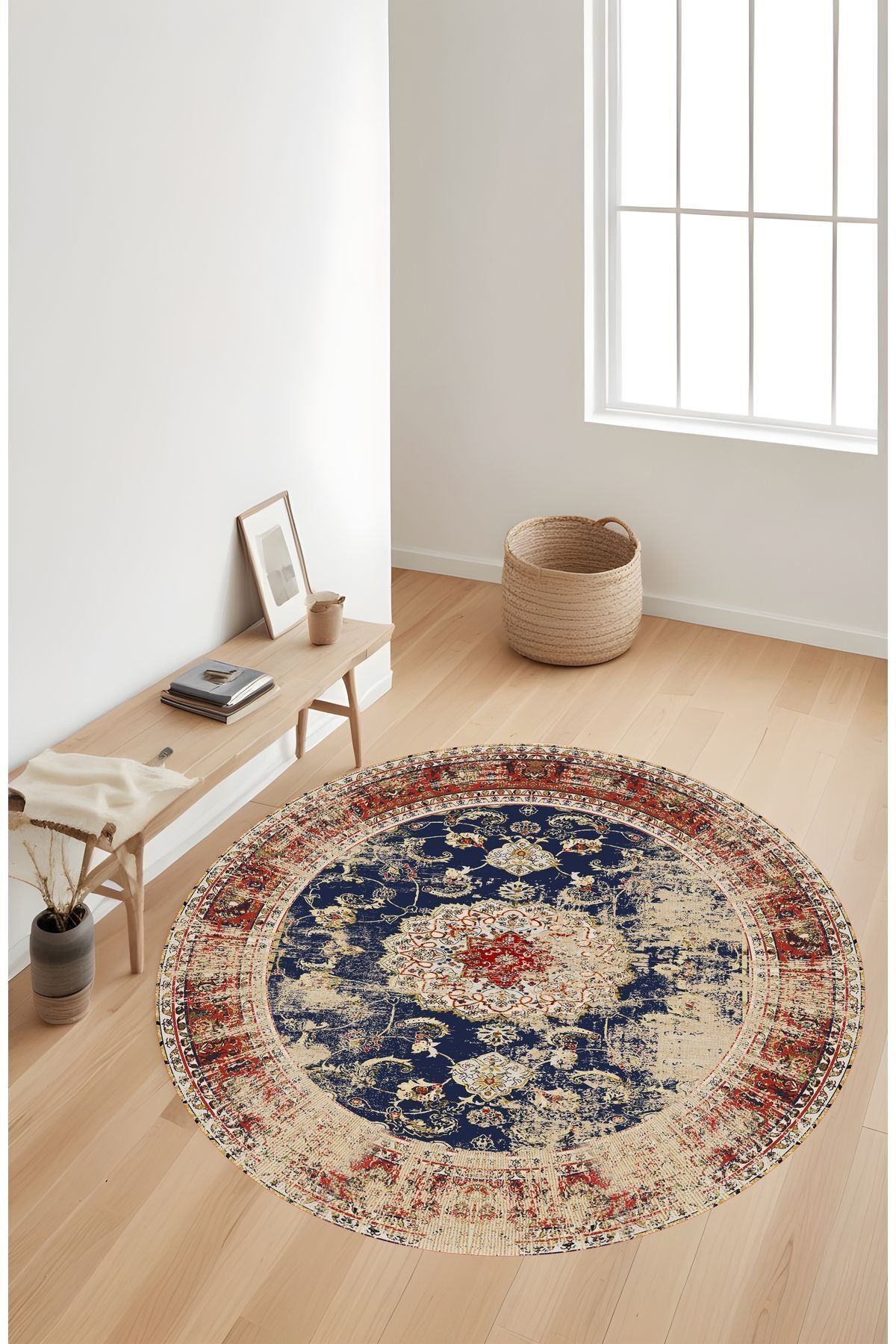 Dijital Baskı Eskitme Vintage Renkli Makinada Yıkanabilir Yuvarlak Salon Halısı Koridor Halısı