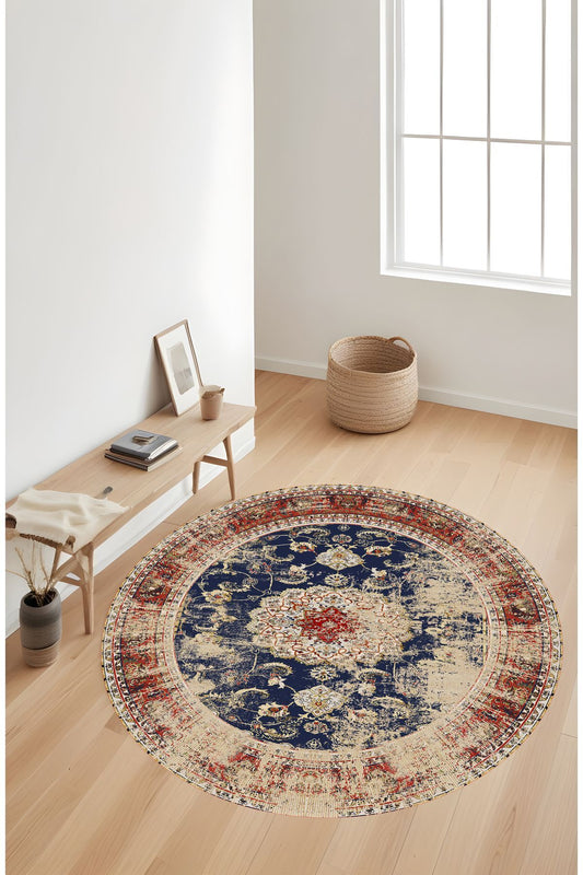 Dijital Baskı Eskitme Vintage Renkli Makinada Yıkanabilir Yuvarlak Salon Halısı Koridor Halısı
