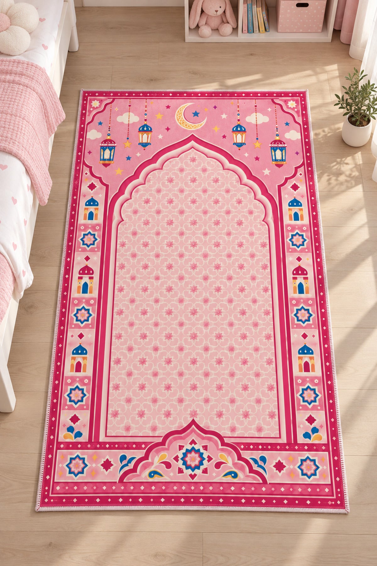 Dijital Baskı Tok Taban Yumuşak Pembe Kaymaz Taban Seccade Namazlık 70x110
