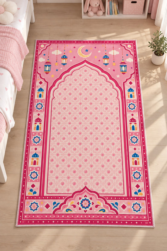 Dijital Baskı Tok Taban Yumuşak Pembe Kaymaz Taban Seccade Namazlık 70x110