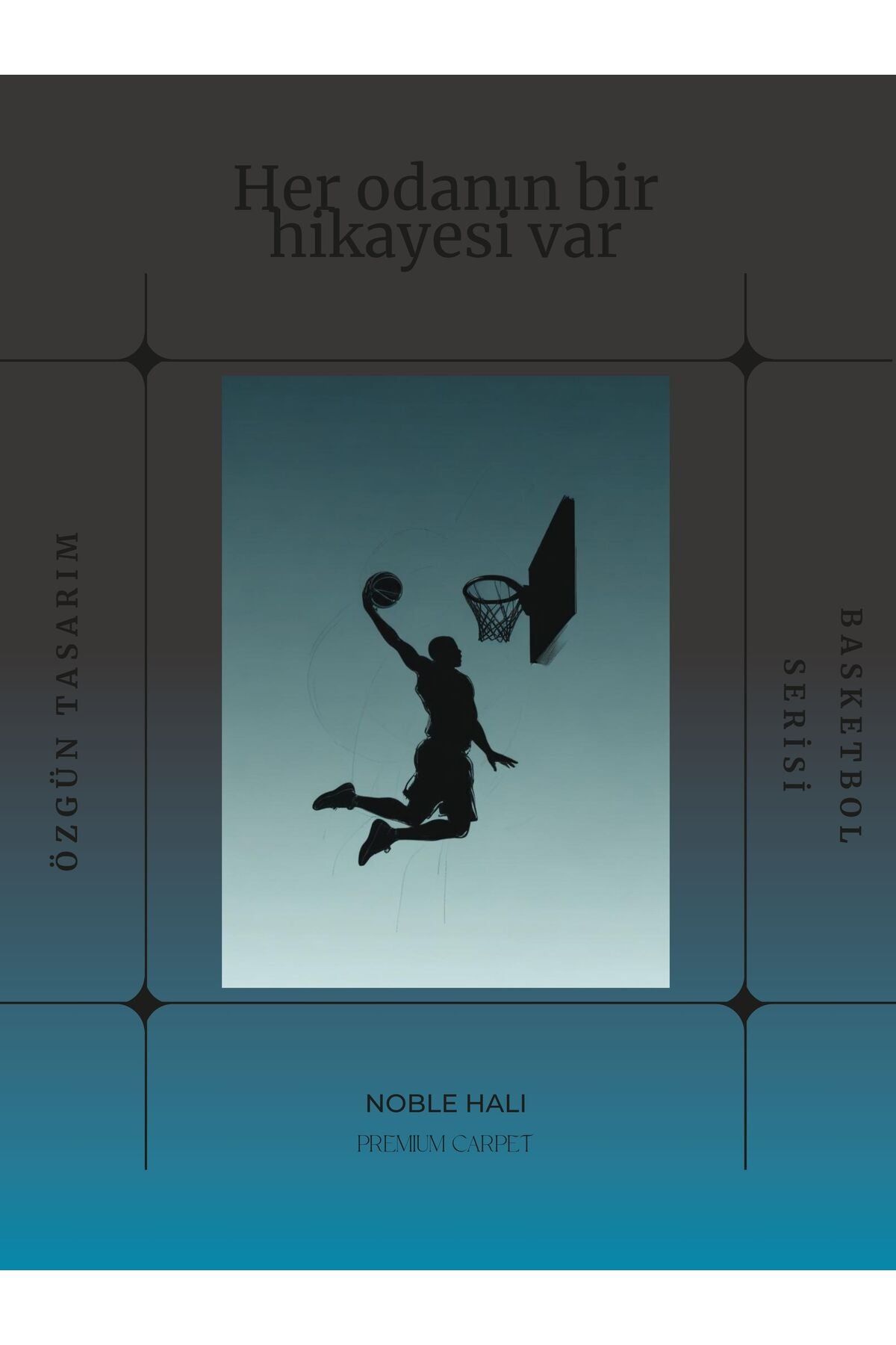 Dijital Baskı Turkuaz Beyaz Basketbol Temalı Makinada Yıkanabilir Genç Odası Salon ve Yolluk Halısı