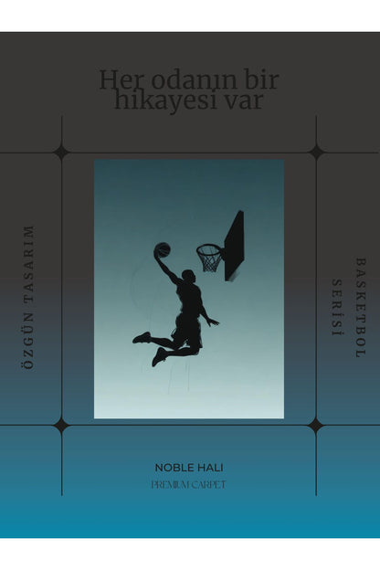 Dijital Baskı Turkuaz Beyaz Basketbol Temalı Makinada Yıkanabilir Genç Odası Salon ve Yolluk Halısı