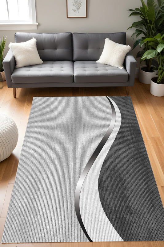 Dijital Baskı Gri Estetik Modern Çizgili Dekoratif Makinada Yıkanabilir Yolluk ve Salon Halısı