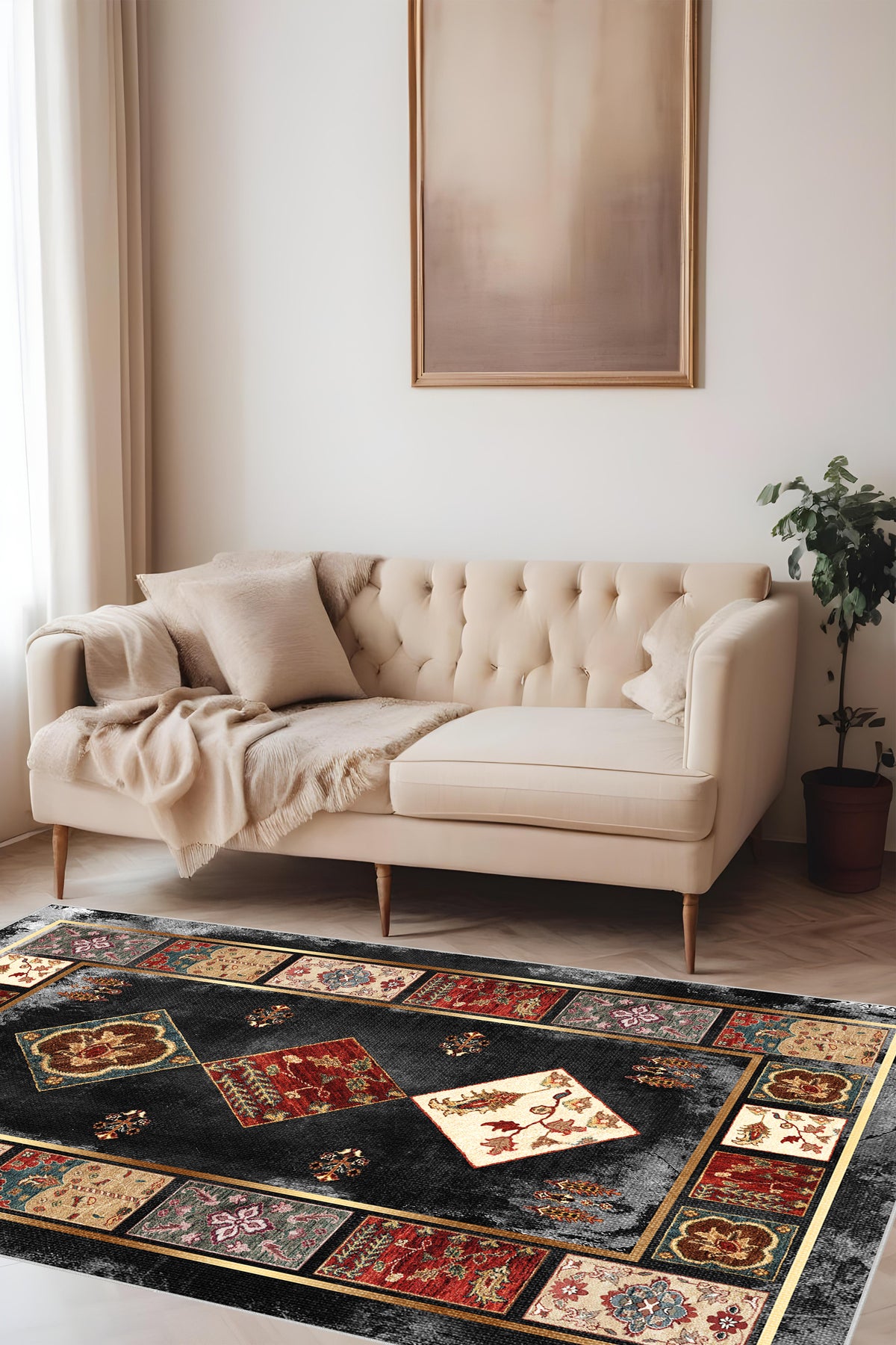 Dijital Baskı Klasik Desenli Kilim Görünümlü Dekoratif Makinada Yıkanabilir Salon ve Yolluk Halısı