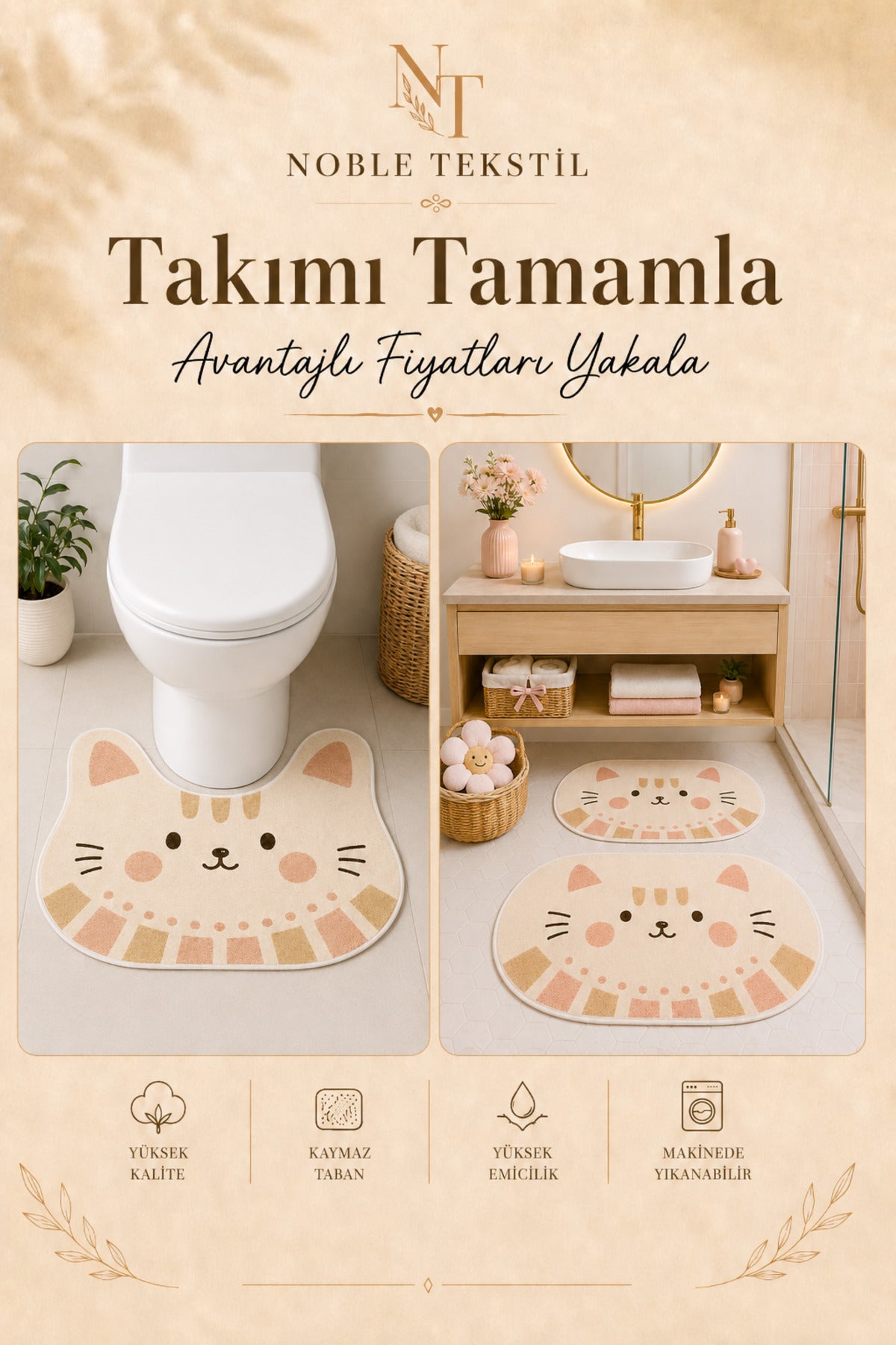 Dijital Kaymaz Yıkanabilir İkili Modern Banyo Paspası Banyo Halısı Banyo Dekor (40x60+60x90 cm)