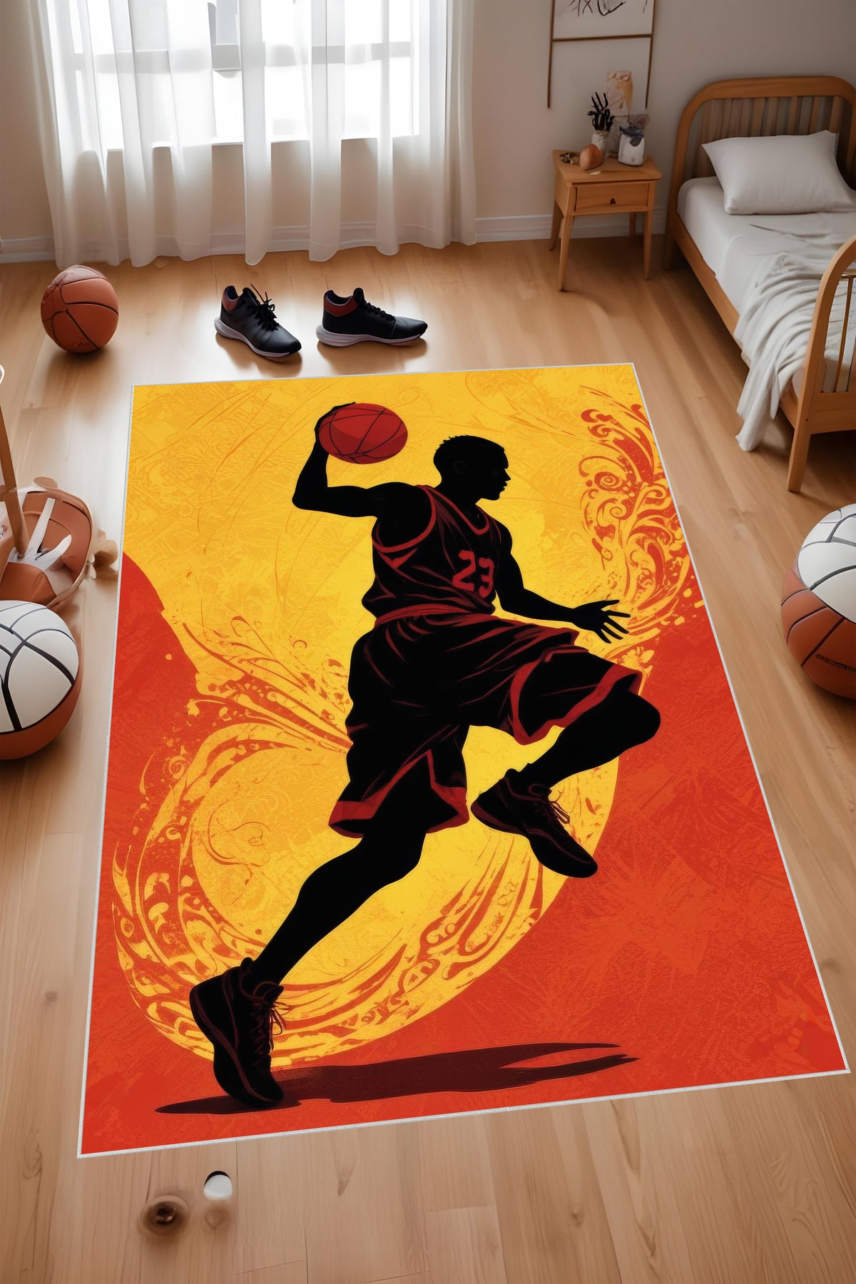 Dijital Baskı Sarı Kırmızı Basketbol Silüetli Makinada Yıkanabilir Genç Odası Salon ve Yolluk Halısı