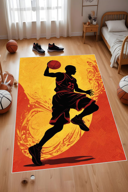 Dijital Baskı Sarı Kırmızı Basketbol Silüetli Makinada Yıkanabilir Genç Odası Salon ve Yolluk Halısı