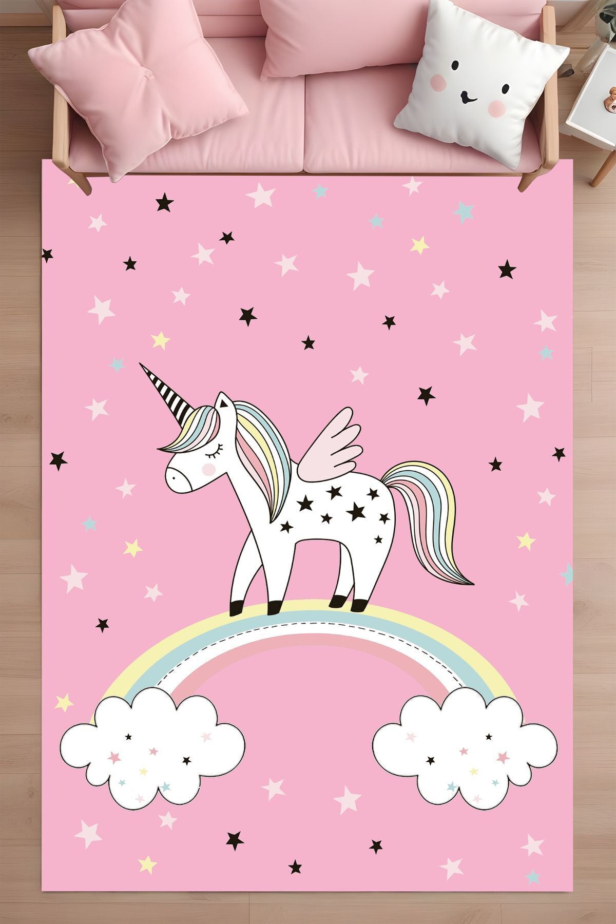 Dijital Baskı Pembe Unicorn Yıldız Desenli Dekoratif Makinada Yıkanabilir Çocuk Halısı
